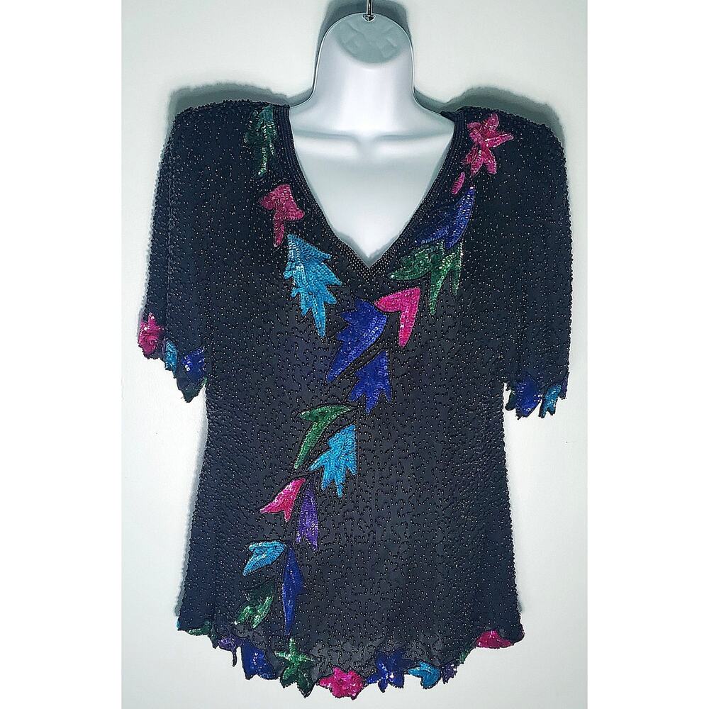 Vintage Channa Womens Black Floral Beaded Silk Blouse Size XL Festive Cruise